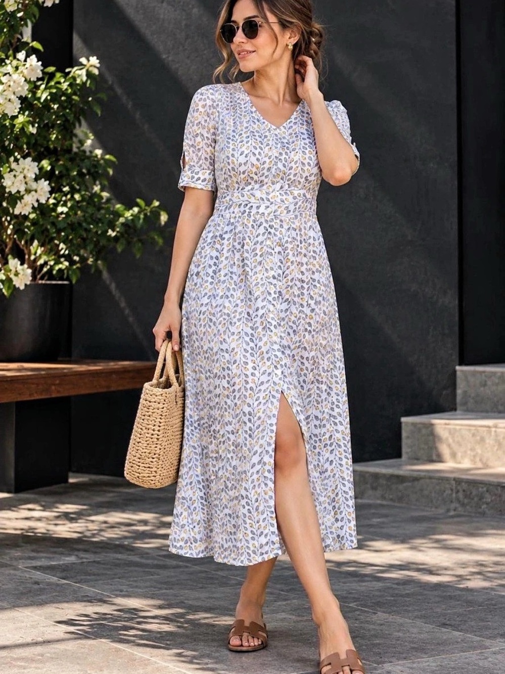 Hastha Katha Block Printed Cotton Button Down Maxi Dress Size M White Grey